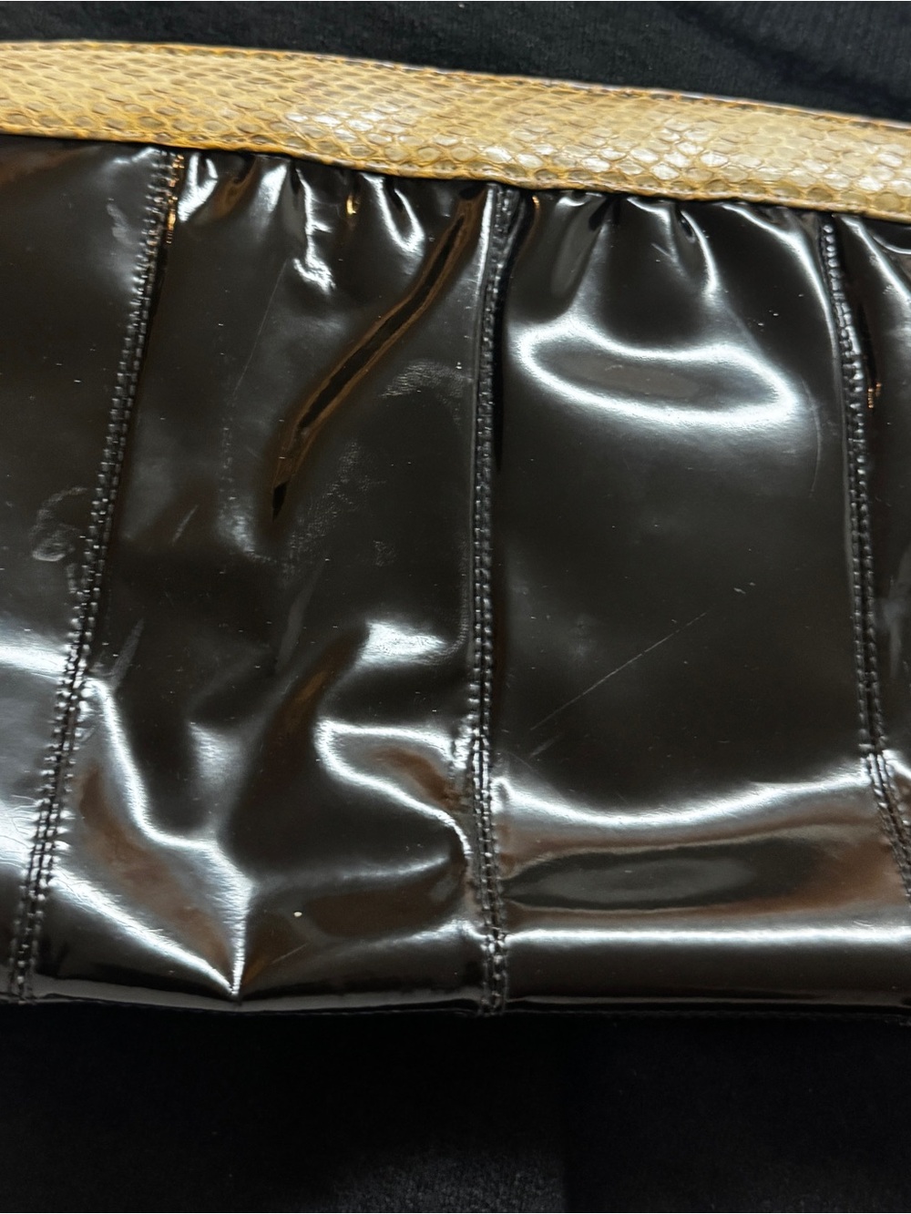 Patent Leather Black Clutch with Tan Trim